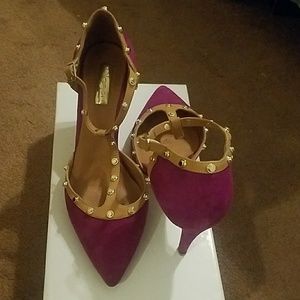 Purple Suede T-Strap studded heels